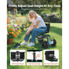 Garden Seat with Wheels, Rolling Garden Stool with Height Adjustable & 360° Swivel Seat, 181 kg Weight Capacity, Gardening Cart 
