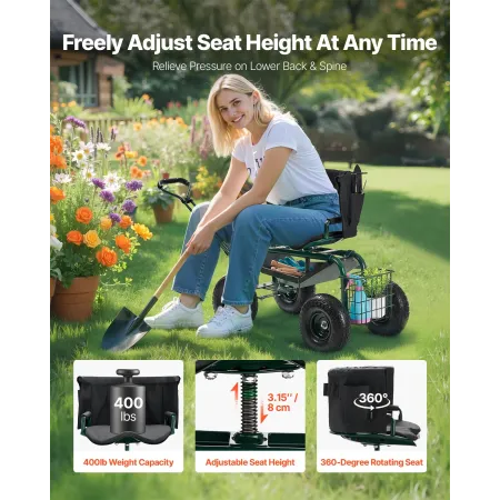 VEVOR Garden Seat with Wheels, Rolling Garden Stool with Height Adjustable & 360° Swivel Seat, 181 kg Weight Capacity, Gardening