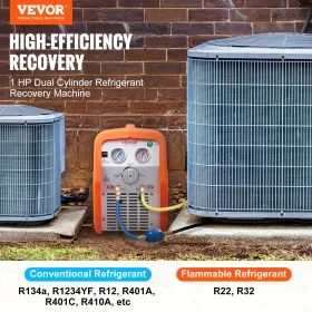 1 HP Refrigerant Recovery Machine - Dual Cylinder Portable AC Recovery Machine with High Pressure Protection 220-240V 50Hz