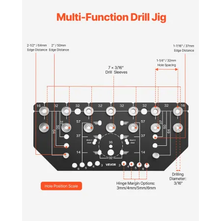 VEVOR Shelf Pin Jig and Hinge Jig Two-in-One, Aluminum Alloy Cabinet Hardware Hole Drilling Template with 6.4 and 4.8 mm Drill B
