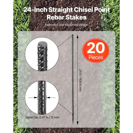 Rebar Stakes, 609,6 mm / 24-Inch, Heavy-Duty 0.47 in Diameter, Straight Galvanized Steel Ground Anchors with Chisel Point End & 