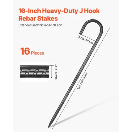 VEVOR Rebar Stakes, 406,4 mm / 16-Inch, Heavy-Duty 0.4 in Diameter J Hook, Galvanized Steel Ground Anchors with Chisel Point End