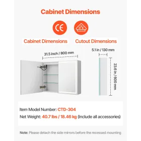 VEVOR Lighted Medicine Cabinet with Mirror, 60 x 80 cm Wall-Mounted, 3 Color Dimmable LED Bathroom Medicine Cabinet with HD Mirr