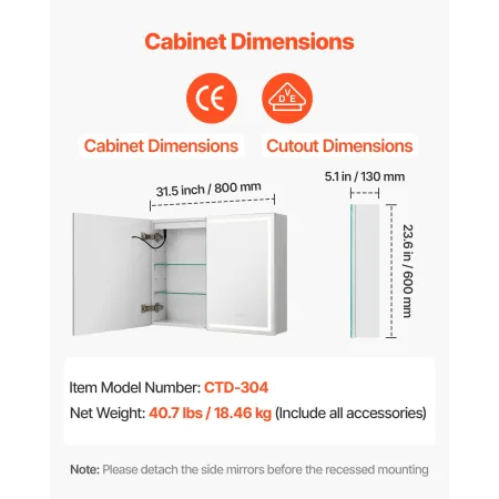 VEVOR Lighted Medicine Cabinet with Mirror, 60 x 80 cm Wall-Mounted, 3 Color Dimmable LED Bathroom Medicine Cabinet with HD Mirr