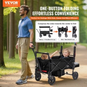 Wagon Stroller Push Pull Quad Collapsible for 2 Kids w/ Canopy Black