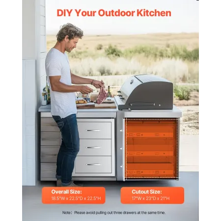 Outdoor Kitchen Drawers, 18.5"W x 22.5"H x 22.5"D Triple Access Drawers, Stainless Steel Flush Mount Cabinets, BBQ Island Drawer