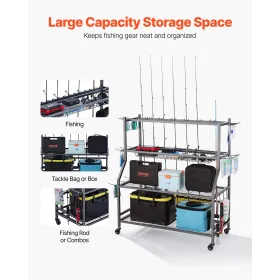 VEVOR Fishing Rod Holder for 15-Rods, Mobile Fishing Pole Rack Cart with Wheels, Fish Gear Equipment Organizer for Garage Home I