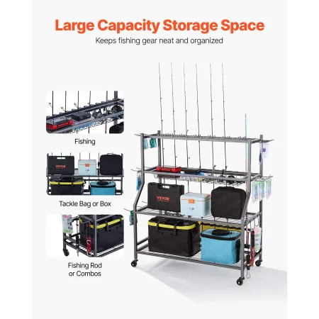 VEVOR Fishing Rod Holder for 15-Rods, Mobile Fishing Pole Rack Cart with Wheels, Fish Gear Equipment Organizer for Garage Home I