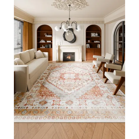 Area Rug, 9 x 12 ft Large Washable Rug, Non-Slip and Tear-Resistant Soft Carpet, Pet & Child Friendly Vintage Area Rugs, Indoor 