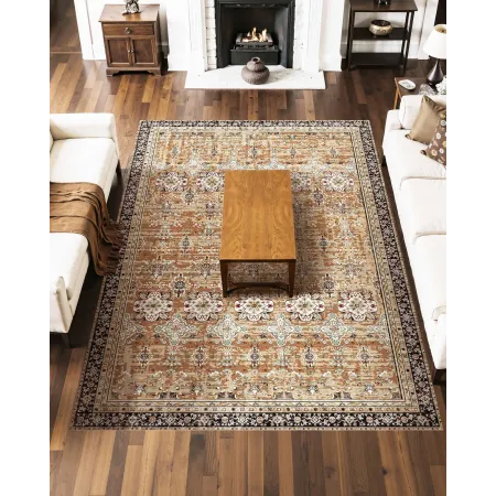 Area Rug, 7.5 x 9.5 ft Large Washable Rug, Non-Slip and Tear-Resistant Soft Carpet, Pet & Child Friendly Vintage Area Rugs, Indo