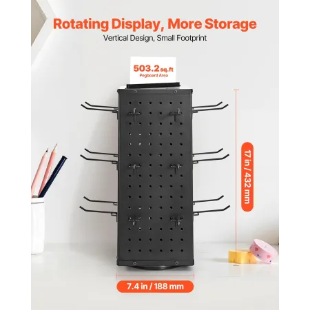 Rotating Pegboard Display Stand, 18.8 x 18.8 x 42.6 cm 4-Sided Spinning Peg Board Display with 24 Hooks, Thickened Cold-Rolled S