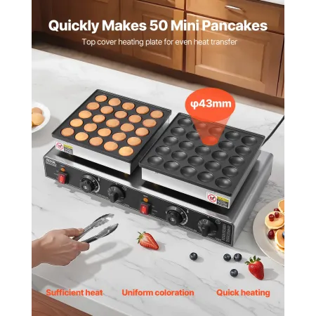 VEVOR 50PCS Mini Dutch Pancake Maker, Non-stick Stainless Steel Dorayaki Baker, 1800W Commercial Electric Poffertjes Grill Pan, 