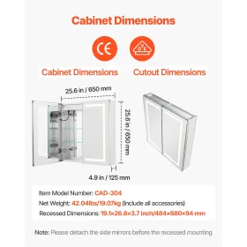 VEVOR Lighted Medicine Cabinet with Mirror, 65 x 65 cm Recessed or Wall Mount, 3 Color Dimmable LED Bathroom Medicine Cabinet wi