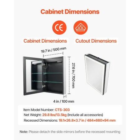 VEVOR Lighted Medicine Cabinet with Mirror, 50 x 70 cm Recessed or Wall Mount, 3 Color Dimmable LED Bathroom Medicine Cabinet wi