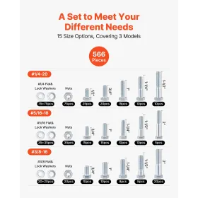 VEVOR 566 Pcs Bolts and Nuts Assortment Kit, Imperial Machine Screws and Flat Washers, Alloy Steel 1/4-20,5/16-18,3/8-16, for Fu