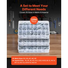 VEVOR 2250 Pcs Bolts and Nuts Assortment Kit, Metric + Imperial Machine Screws and Flat Washers, Alloy Steel M3/M4/M5/M6/M8 Mult