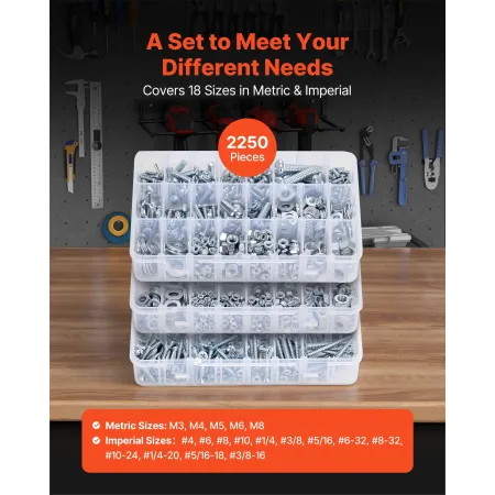 VEVOR 2250 Pcs Bolts and Nuts Assortment Kit, Metric + Imperial Machine Screws and Flat Washers, Alloy Steel M3/M4/M5/M6/M8 Mult
