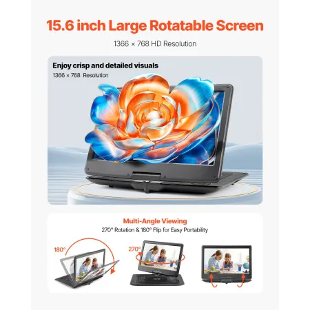 VEVOR Portable DVD Player, 15.6 inch HD Swivel Display Screen, 4.5-5 H Built-in Rechargeable Battery, Dual Speakers, Support Syn