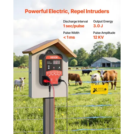 Electric Fence Charger, 10kV 3J, AC DC Electric Fence Energizer with LED Indicator, 3 KM Range, Powerful Plug-in Fences Charger,