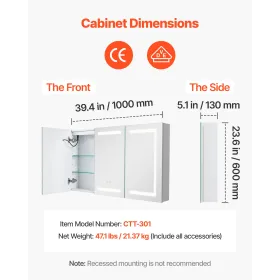 VEVOR Lighted Medicine Cabinet with Mirror, 100 x 60 cm Wall-Mounted, 3 Color Dimmable LED Bathroom Medicine Cabinet with Temper