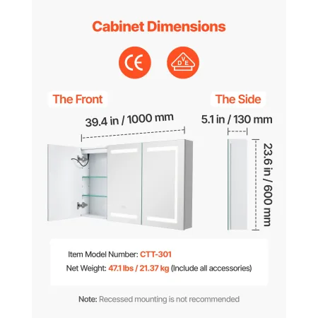 VEVOR Lighted Medicine Cabinet with Mirror, 100 x 60 cm Wall-Mounted, 3 Color Dimmable LED Bathroom Medicine Cabinet with Temper