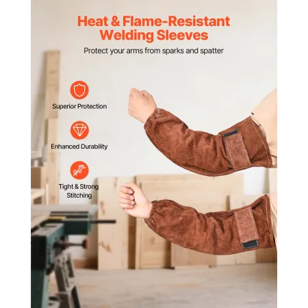 VEVOR Leather Welding Sleeves, Heavy Duty Cowhide Flame Resistant Work Sleeves for Arm Protection, Heat-Resistant Safety Sleeve 
