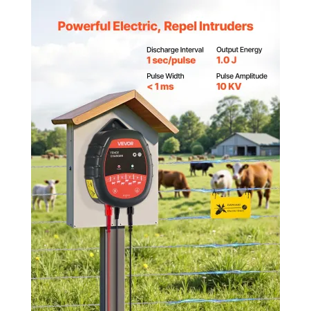 Electric Fence Charger, 10kV 1J, AC DC Electric Fence Energizer with LED Indicator, 3km Range, Powerful Plug-in Fences Charger, 