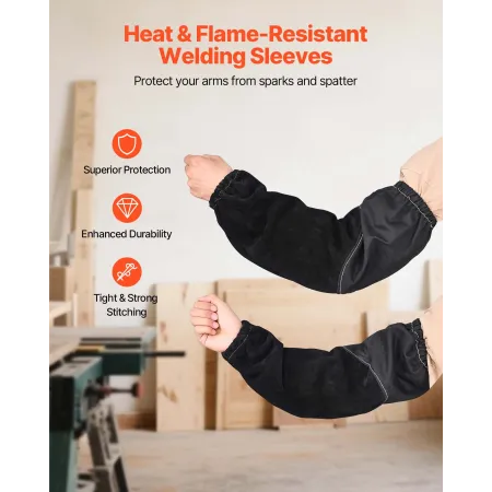 VEVOR Flame Resistant Welding Work Sleeves, Heavy Duty Cowhide Leather & FR Cotton Arm Protection Sleeves for Men Women - with E