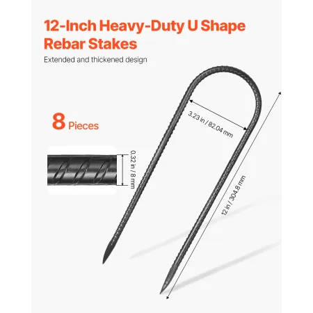 VEVOR 12-tommer 8-pack armeringsjernsstake 304,8x82,04 mm Heavy Duty U-form galvaniserede jordankre