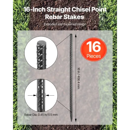 VEVOR 16-Inch / 406,4 mm 16 Pack Rebar Stakes Heavy Duty Straight Galvanized Ground Anchors