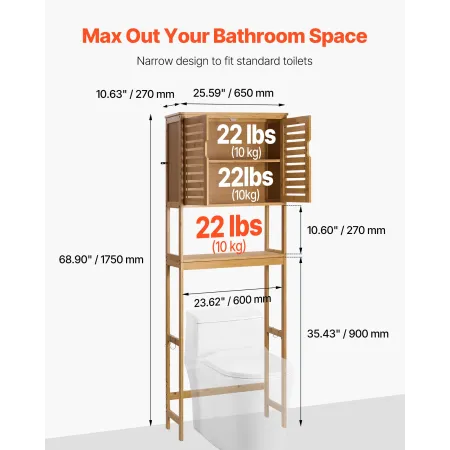 VEVOR Bamboo Over The Toilet Storage Cabinet, 175 cm Height Bathroom Storage Organizer with Double Door & Inner Adjustable Shelf