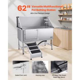 VEVOR Stainless Steel Dog Washing Station, 157.48 cm Pet Grooming Tub w/ Ramp, PE Water Filter Board, Faucet & Showerhead & Soap