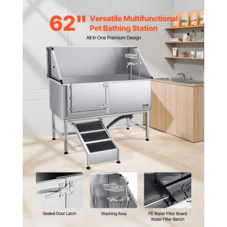Stainless Steel Dog Washing Station, 157.48 cm Pet Grooming Tub w/ Ramp, PE Water Filter Board, Faucet & Showerhead & Soap Holde
