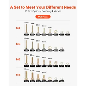 VEVOR 906 Pcs Bolts and Nuts Assortment Kit, Metric Machine Screws and Flat Washers, Alloy Steel M4/M5/M6/M8 Multiple Size, for 
