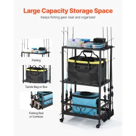 VEVOR Fishing Rod Holder for 10-Rods, Mobile Fishing Pole Rack Cart with Wheels, Fish Gear Equipment Organizer for Garage Home I