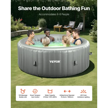 VEVOR Inflatable Hot Tub, 6 to 8 Person Capacity, 2400 x 660mm Round Portable Outdoor Spa, with 130 Soothing Jets, Headrest, LED