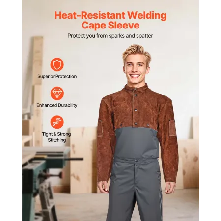 VEVOR Læder Svejsekappe Sleeve, Heavy Duty flammesikkert Kohud Sikkerhed Cape Sleeve til Mænd Kvinder, Varmebestandig til Weld