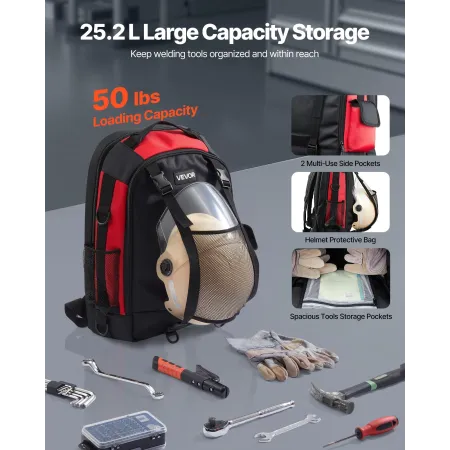 VEVOR Welding Backpack, 25.2L Welder Backpack for Tools and Helmet, 1680D High-Density Polyester Extreme Gear Pack with Helmet B
