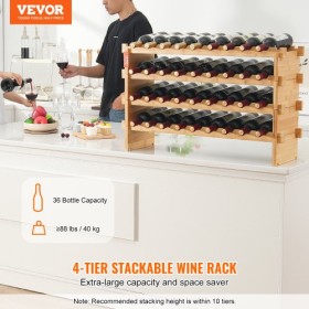 36 Bottle Stackable Modular Wine Rack Bamboo Wood Display Shelf 4-Tier