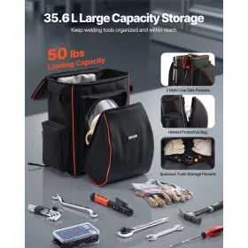 VEVOR Welding Rygsæk, 35,6L Svejserygsæk til værktøj og hjelm, 600D Polyester Extreme Gear Pack med hjelmfangstpose, Mult