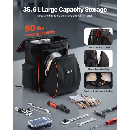 VEVOR Welding Rygsæk, 35,6L Svejserygsæk til værktøj og hjelm, 600D Polyester Extreme Gear Pack med hjelmfangstpose, Mult
