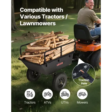 VEVOR Garden Utility Trailer, 10 Cu. Ft 227 kg, ATV UTV Hauling Trailer, Tow Behind Poly Dump Cart with 16" Tires, Hand Pull or 