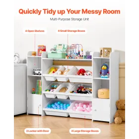 Kids Toy Storage and Bookshelf, 4-Tier Large Toy Storage Organizer with 8 Flexible Plastic Bins, Kids Cubby Cabinet with Bookshe