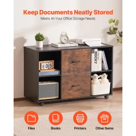 VEVOR 2 Drawer Wooden File Cabinet, Mobile Filing Cabinet with Open Shelves, Lateral Rolling File Storage with Lockable Wheels, 