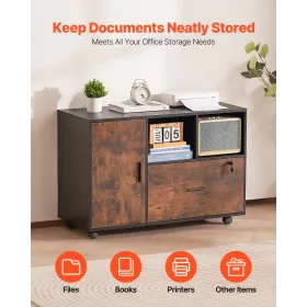 Wood File Cabinet, Mobile Filing Cabinet with Open Shelves, Lockable Lateral Rolling File Storage with Adjustable Shelves, Free 