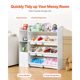 VEVOR Kids Toy Storage and Bookshelf, 4-Tier Toy Storage Organizer with 8 Flexible Plastic Bins, Kids Cubby Cabinet with Bookshe
