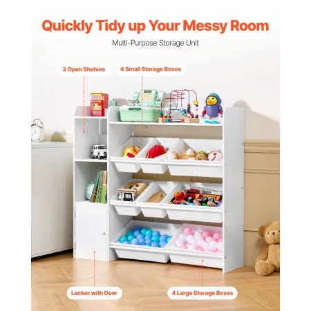 VEVOR Kids Toy Storage and Bookshelf, 4-Tier Toy Storage Organizer with 8 Flexible Plastic Bins, Kids Cubby Cabinet with Bookshe