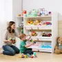 Kids Toy Storage and Bookshelf, 4-Tier Toy Storage Organizer with 8 Flexible Plastic Bins, Kids Cubby Cabinet with Bookshelf for