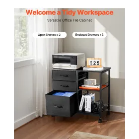 VEVOR Metal File Cabinet, Mobile Filing Cabinet with 3 Fabric Drawers and 2 Open Shelves, Wooden Vertical Filing Storage Cabinet