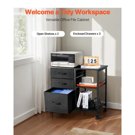 Metal File Cabinet, Mobile Filing Cabinet with 3 Fabric Drawers and 2 Open Shelves, Wooden Vertical Filing Storage Cabinets with
